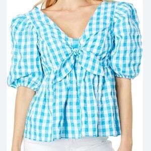 Lilly Pulitzer Pink Label NWOT Sarafina Blue Cotton Blend Gingham Top Size 00